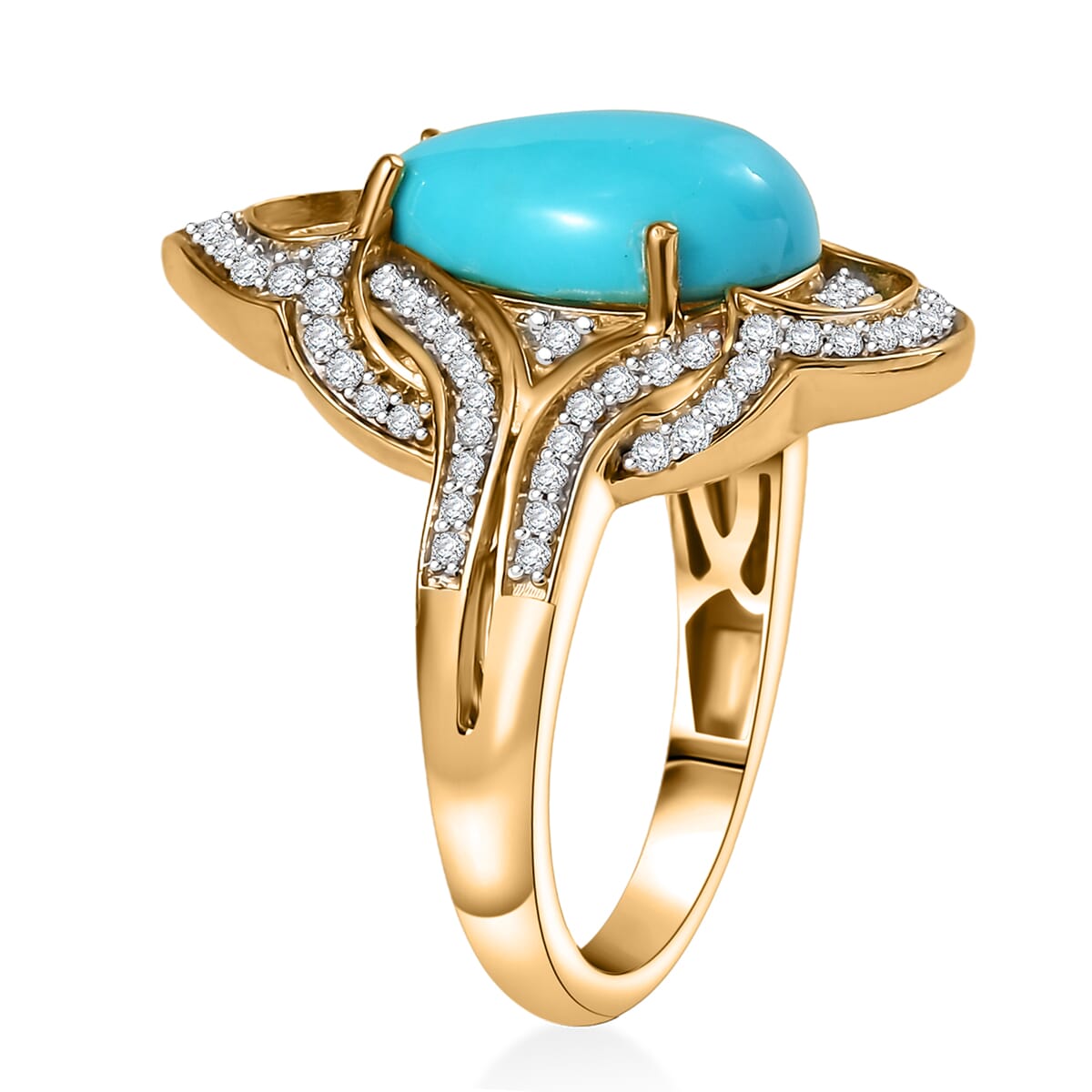 D'Joy Premium Sleeping Beauty Turquoise and Moissanite 4.40 ctw Royal Bloom Ring in 18K Vermeil Yellow Gold Over Sterling Silver (Size 10.0)  image number 3