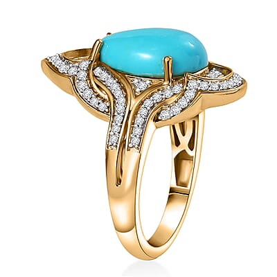 D'Joy Premium Sleeping Beauty Turquoise and Moissanite 4.40 ctw Royal Bloom Ring in 18K Vermeil Yellow Gold Over Sterling Silver (Size 10.0) 