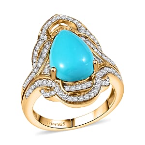 D'Joy Premium Sleeping Beauty Turquoise and Moissanite 4.40 ctw Royal Bloom Ring in 18K Vermeil Yellow Gold Over Sterling Silver (Size 7.0) 