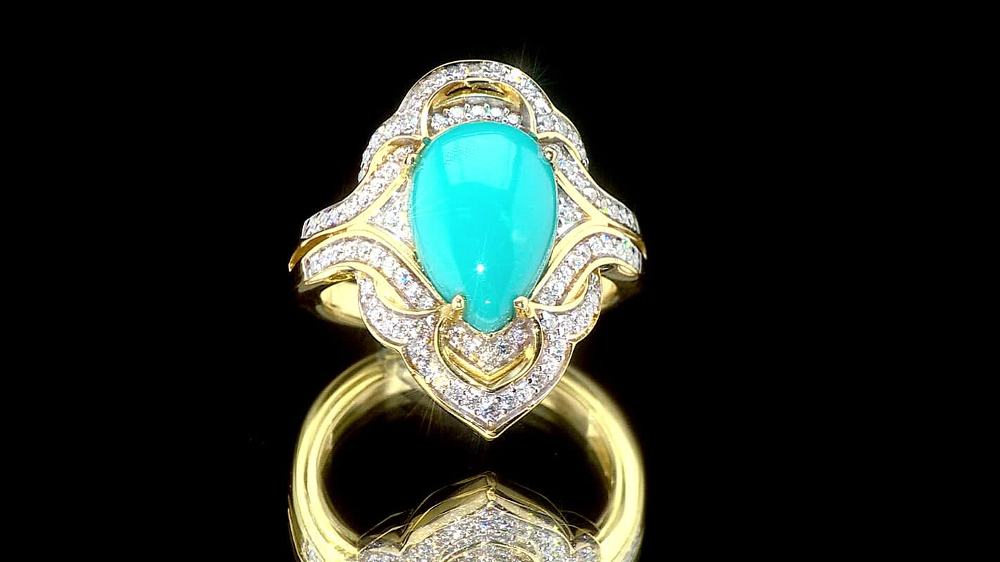 D'Joy Premium Sleeping Beauty Turquoise and Moissanite 4.40 ctw Ring in 18K Vermeil Yellow Gold Over Sterling Silver (Size 10.0)