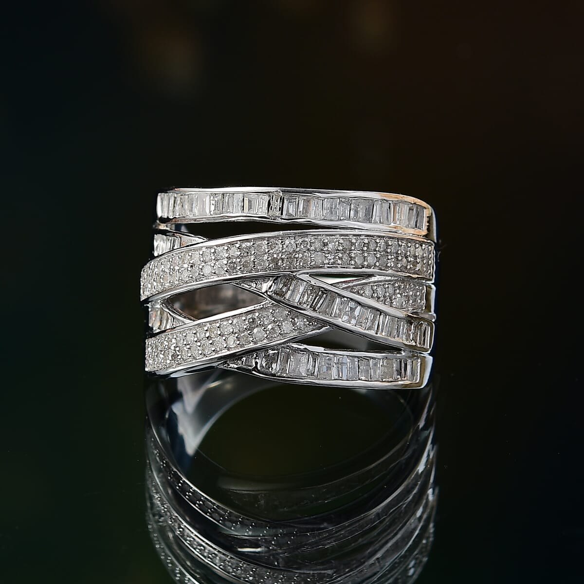 D'Joy Diamond 0.90 ctw Crossover Bridge Ring in Rhodium Over Sterling Silver (Size 10.0) image number 1
