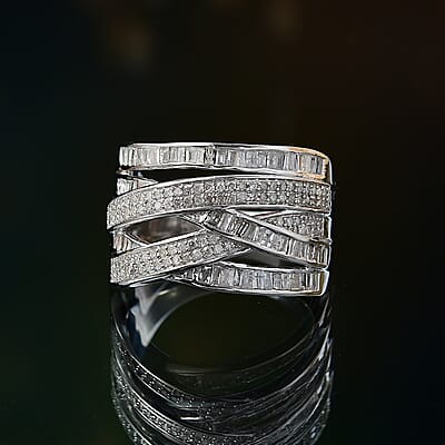 D'Joy Diamond 0.90 ctw Crossover Bridge Ring in Rhodium Over Sterling Silver (Size 10.0)