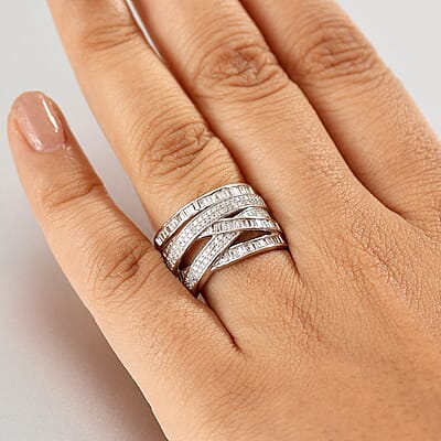D'Joy Diamond 0.90 ctw Crossover Bridge Ring in Rhodium Over Sterling Silver (Size 7.0)