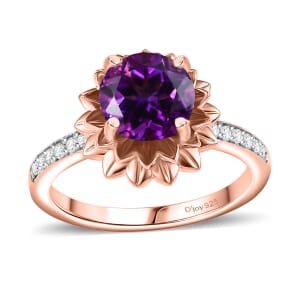 D'Joy Moroccan Amethyst and White Zircon 2.10 ctw Lotus Floral Ring in 18K Vermeil Rose Gold Over Sterling Silver (Size 10.0)