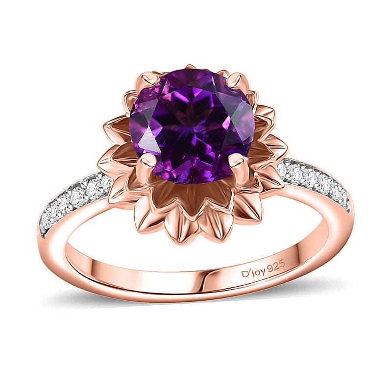 D'Joy Moroccan Amethyst and White Zircon 2.10 ctw Lotus Floral Ring in 18K Vermeil Rose Gold Over Sterling Silver (Size 10.0)