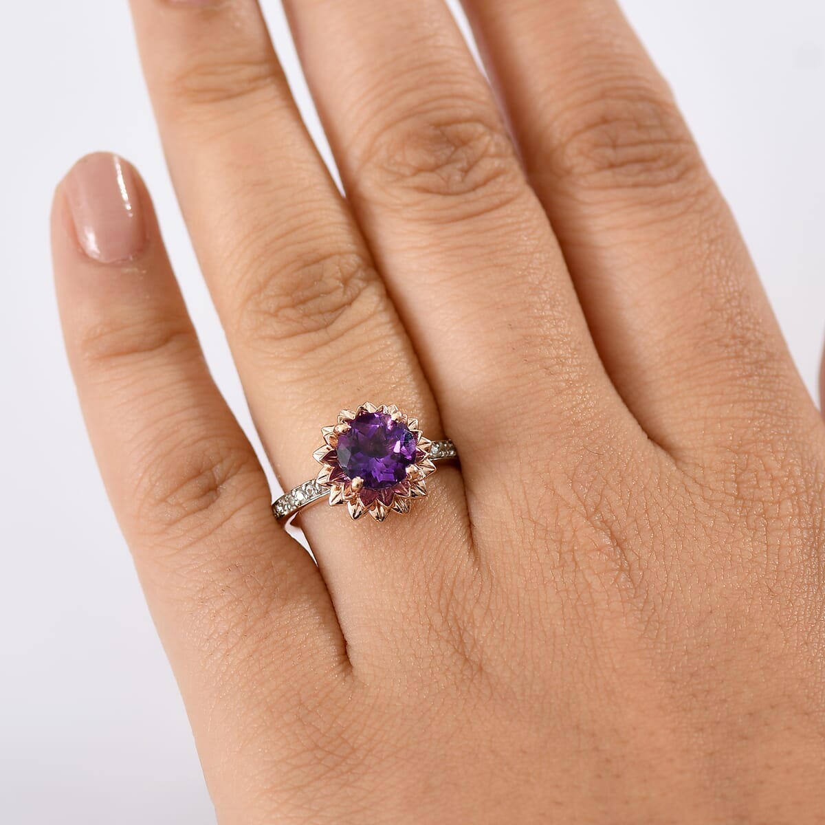 D'Joy Moroccan Amethyst and White Zircon 2.10 ctw Lotus Floral Ring in 18K Vermeil Rose Gold Over Sterling Silver (Size 10.0) image number 2