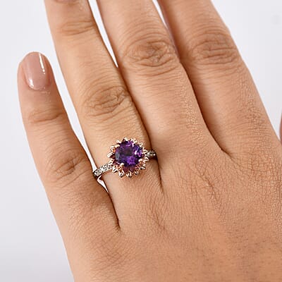 D'Joy Moroccan Amethyst and White Zircon 2.10 ctw Lotus Floral Ring in 18K Vermeil Rose Gold Over Sterling Silver (Size 10.0)