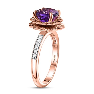 D'Joy Moroccan Amethyst and White Zircon 2.10 ctw Lotus Floral Ring in 18K Vermeil Rose Gold Over Sterling Silver (Size 10.0)