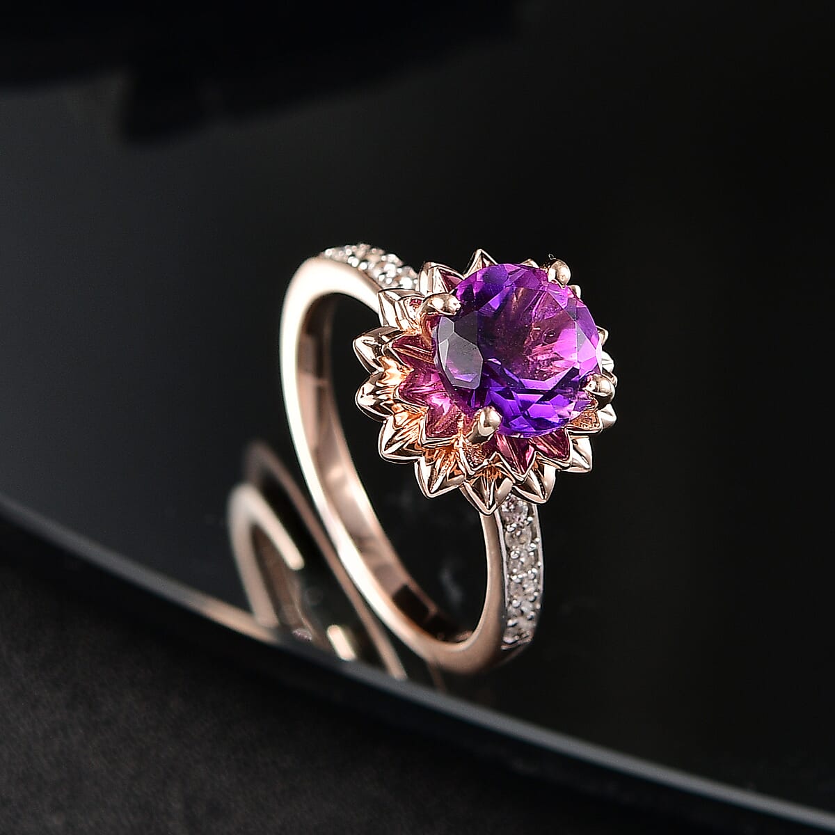 D'Joy Moroccan Amethyst and White Zircon 2.10 ctw Lotus Floral Ring in 18K Vermeil Rose Gold Over Sterling Silver (Size 6.0) image number 1