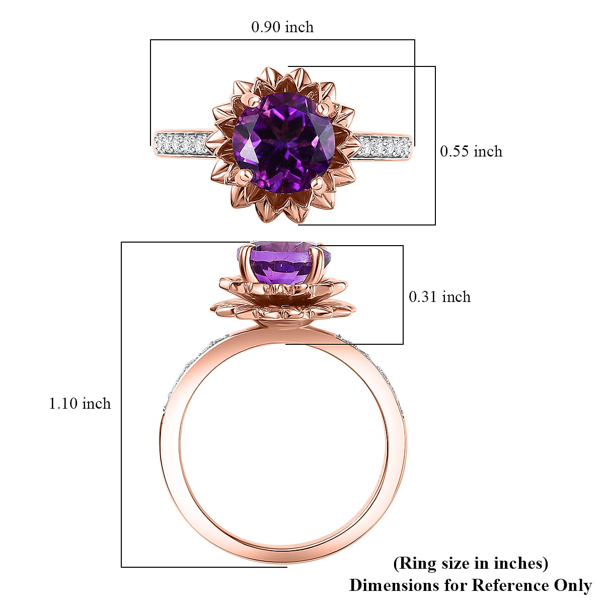 D'Joy Moroccan Amethyst and White Zircon 2.10 ctw Lotus Floral Ring in 18K Vermeil Rose Gold Over Sterling Silver (Size 6.0) image number 5