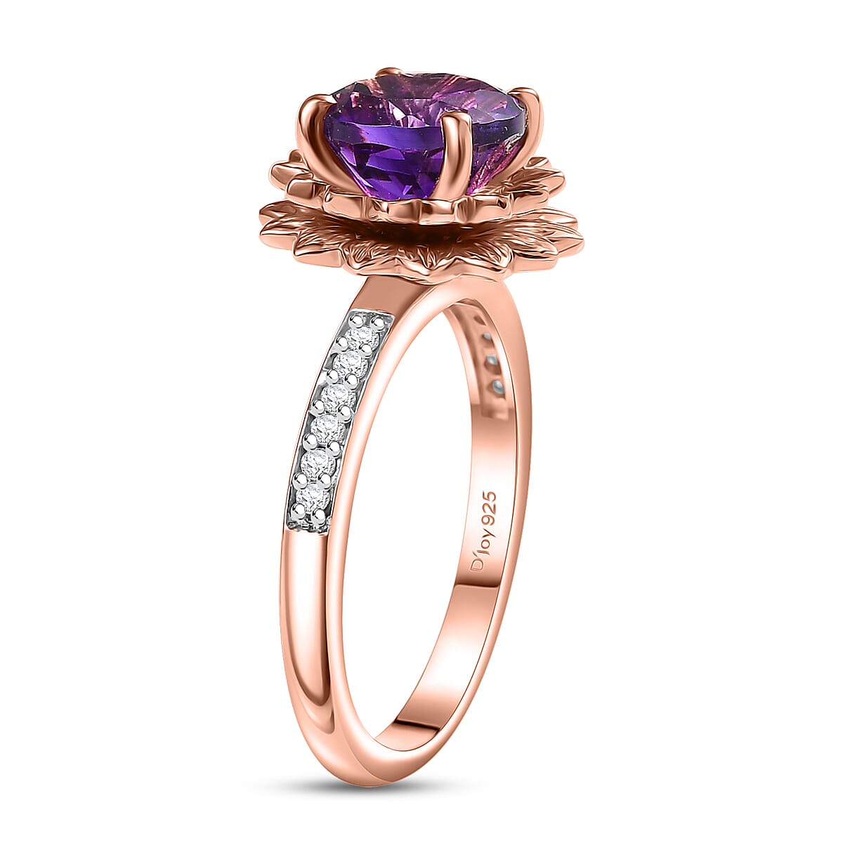 D'Joy Moroccan Amethyst and White Zircon 2.10 ctw Lotus Floral Ring in 18K Vermeil Rose Gold Over Sterling Silver (Size 8.0) image number 3