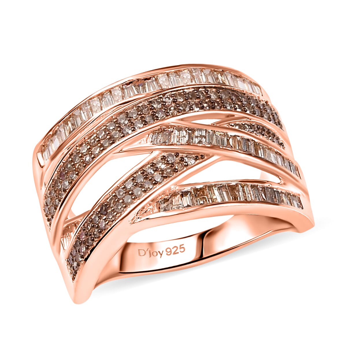 D'Joy Natural Champagne Diamond 0.90 ctw Crossover Bridge Ring in 18K Vermeil Rose Gold Over Sterling Silver (Size 8.0) image number 0