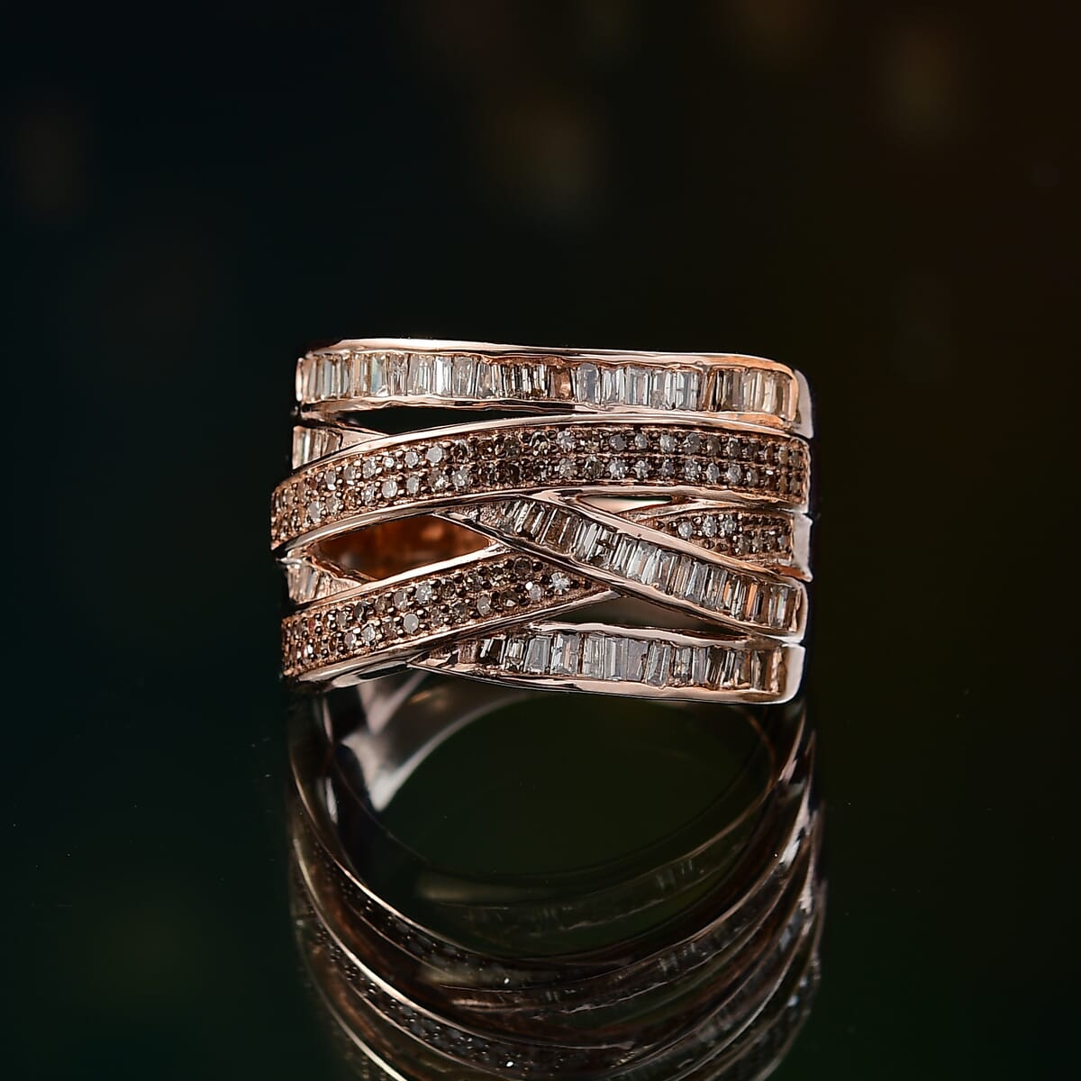 D'Joy Natural Champagne Diamond 0.90 ctw Crossover Bridge Ring in 18K Vermeil Rose Gold Over Sterling Silver (Size 8.0) image number 1