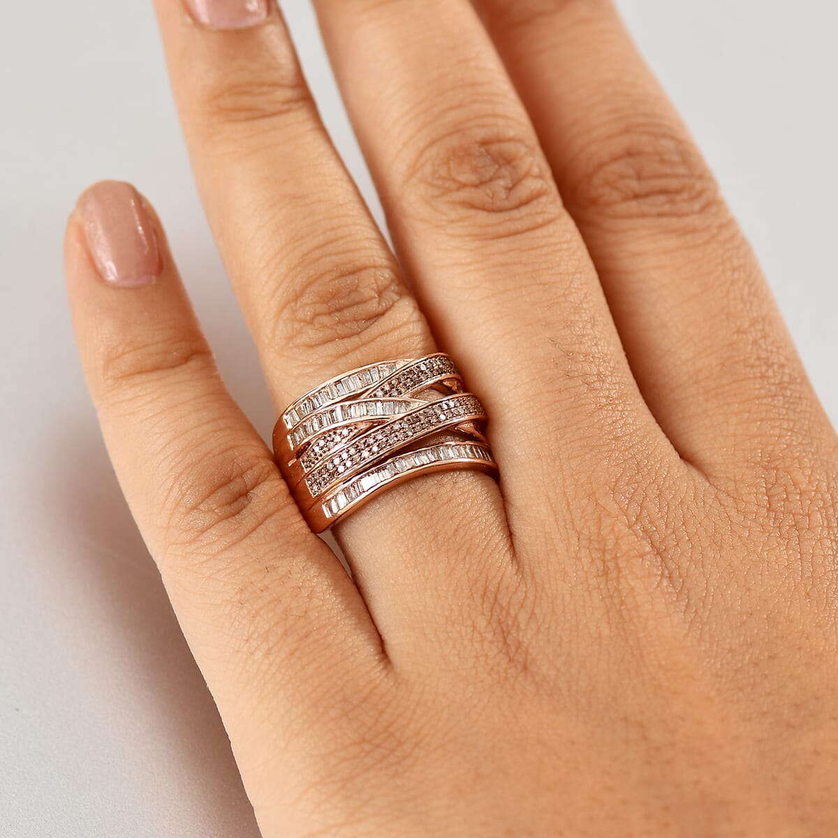 D'Joy Natural Champagne Diamond 0.90 ctw Crossover Bridge Ring in 18K Vermeil Rose Gold Over Sterling Silver (Size 8.0) image number 2
