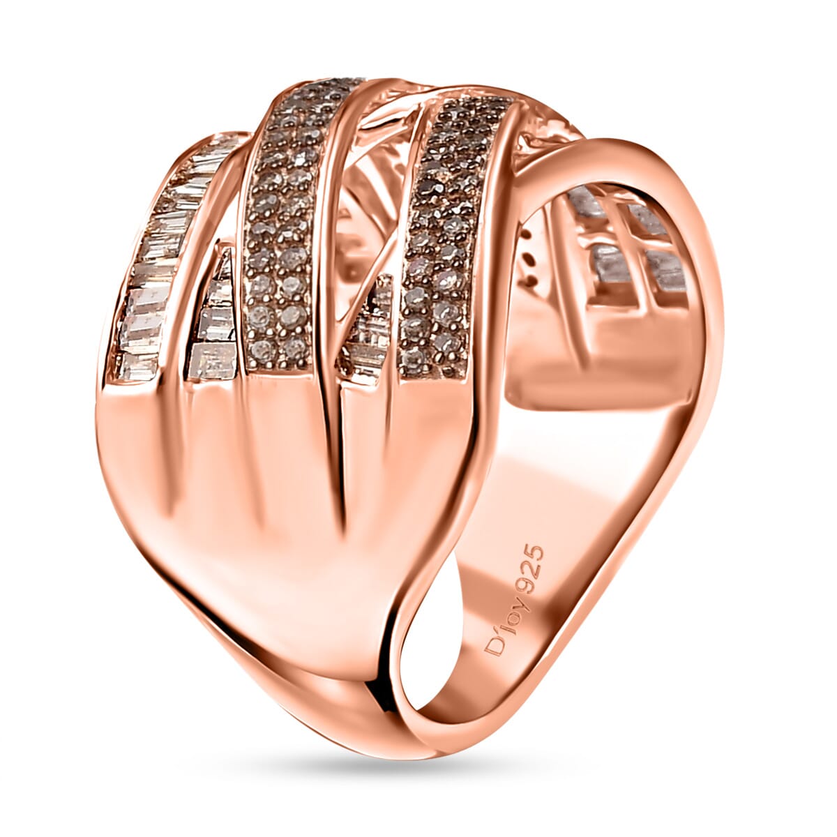 D'Joy Natural Champagne Diamond 0.90 ctw Crossover Bridge Ring in 18K Vermeil Rose Gold Over Sterling Silver (Size 8.0) image number 3