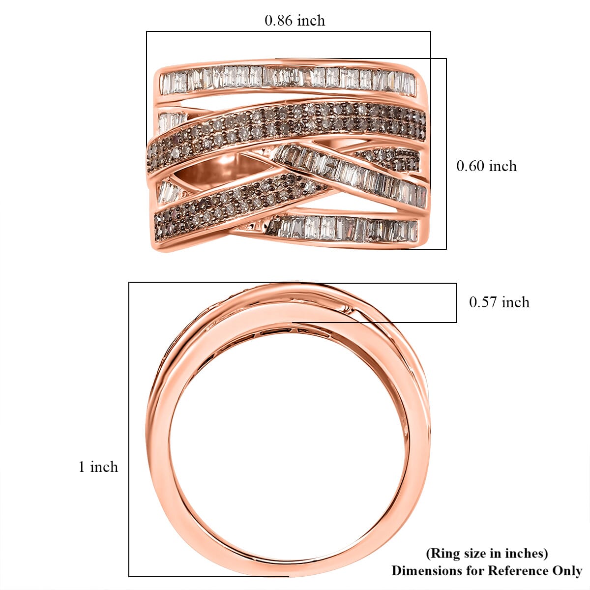 D'Joy Natural Champagne Diamond 0.90 ctw Crossover Bridge Ring in 18K Vermeil Rose Gold Over Sterling Silver (Size 8.0) image number 5