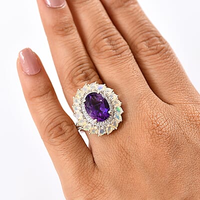 D'Joy Moroccan Amethyst, Multi Gemstone Stardust Ring in Rhodium Over Sterling Silver 8.00 ctw (Size 10.0)