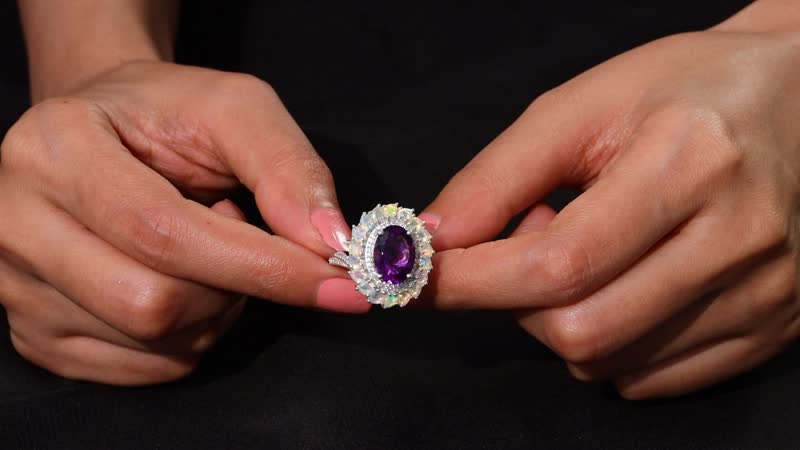 D'Joy Premium Moroccan Amethyst and Multi Gemstone 8.00 ctw Stardust Crown Ring in Rhodium Over Sterling Silver