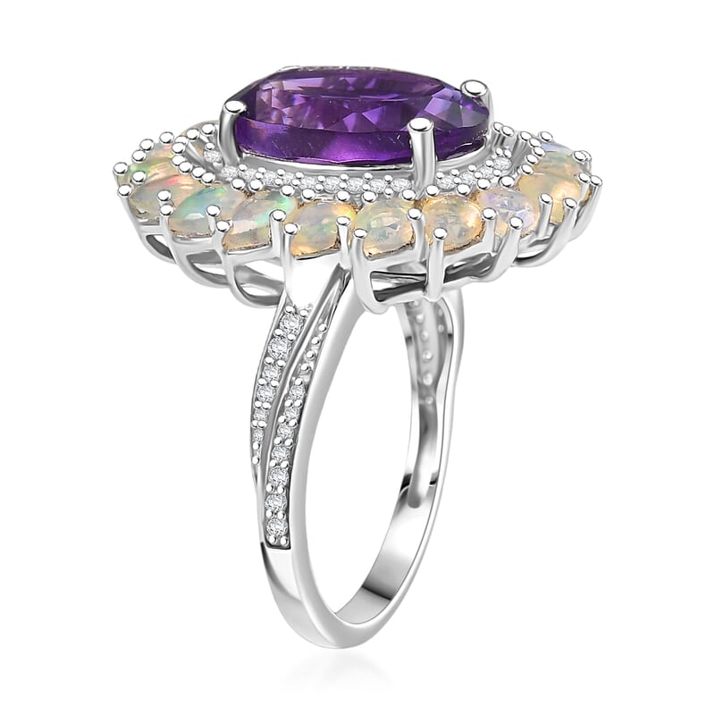 D'Joy Premium Moroccan Amethyst and Multi Gemstone 8.00 ctw Stardust Crown Ring in Rhodium Over Sterling Silver (Size 7.0)