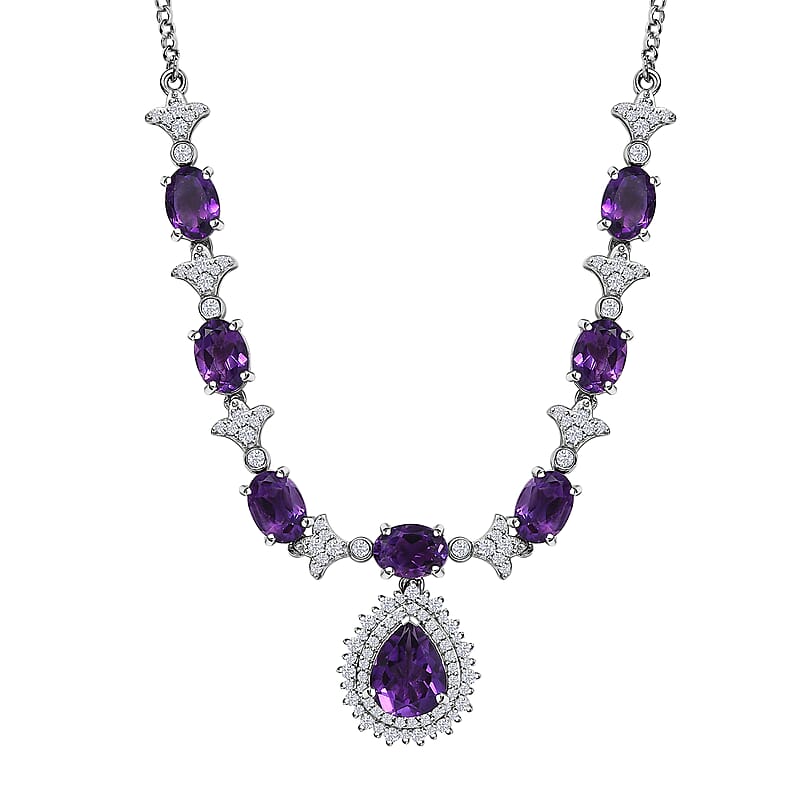D'Joy Premium Moroccan Amethyst and White Zircon 8.00 ctw Regal Bloom Necklace in Rhodium Over Sterling Silver 18 Inches