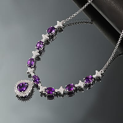 D'Joy Premium Moroccan Amethyst and White Zircon 8.00 ctw Regal Bloom Necklace in Rhodium Over Sterling Silver 18 Inches