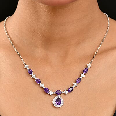 D'Joy Premium Moroccan Amethyst and White Zircon 8.00 ctw Regal Bloom Necklace in Rhodium Over Sterling Silver 18 Inches