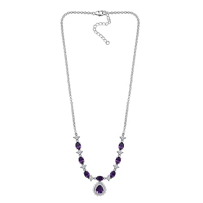 D'Joy Premium Moroccan Amethyst and White Zircon 8.00 ctw Regal Bloom Necklace in Rhodium Over Sterling Silver 18 Inches