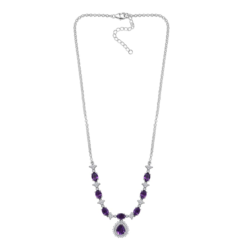 D'Joy Premium Moroccan Amethyst and White Zircon 8.00 ctw Regal Bloom Necklace in Rhodium Over Sterling Silver 18 Inches