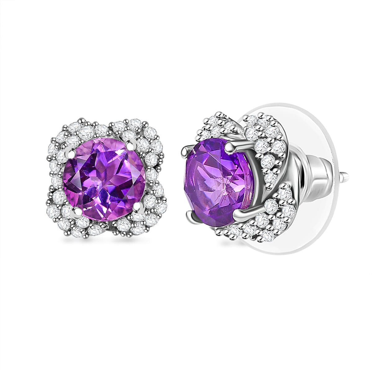 D'Joy Premium Moroccan Amethyst and White Zircon 3.30 ctw Bubble Bloom Earrings in Rhodium Over Sterling Silver image number 0
