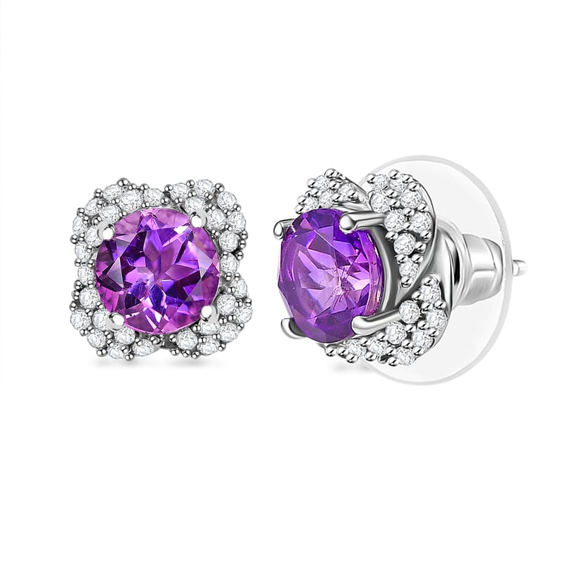 D'Joy Premium Moroccan Amethyst and White Zircon 3.30 ctw Bubble Bloom Earrings in Rhodium Over Sterling Silver