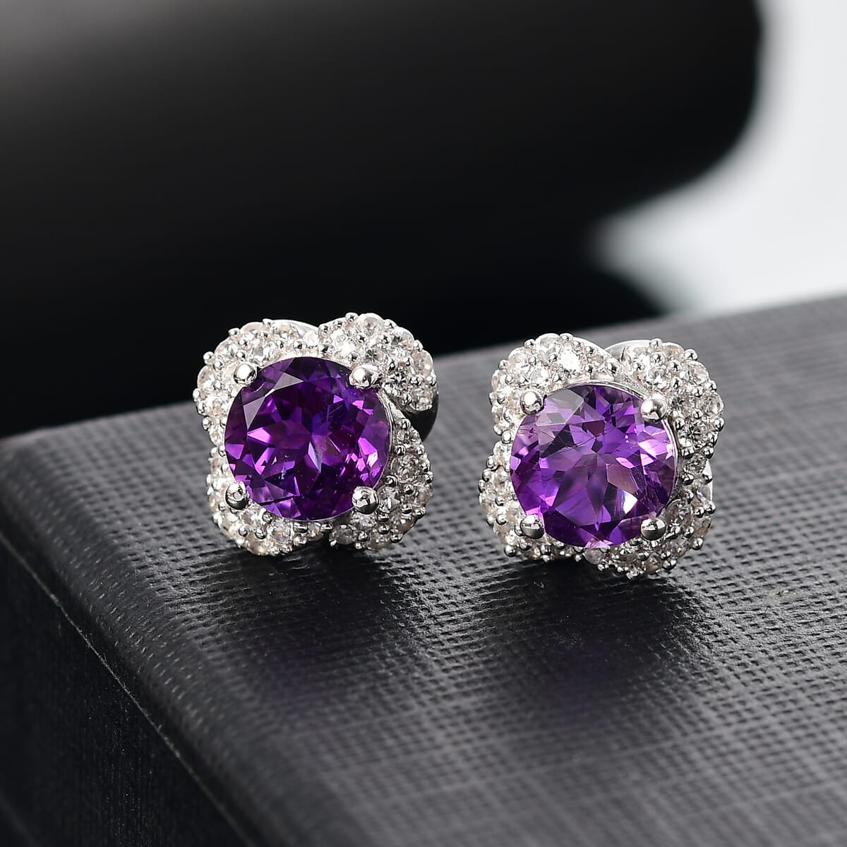 D'Joy Premium Moroccan Amethyst and White Zircon 3.30 ctw Bubble Bloom Earrings in Rhodium Over Sterling Silver image number 1