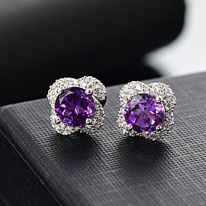 D'Joy Premium Moroccan Amethyst and White Zircon 3.30 ctw Bubble Bloom Earrings in Rhodium Over Sterling Silver