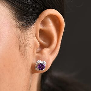 D'Joy Premium Moroccan Amethyst and White Zircon 3.30 ctw Bubble Bloom Earrings in Rhodium Over Sterling Silver