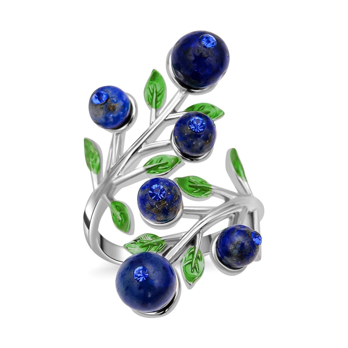 Lapis Lazuli 2.00 ctw and Blue Austrian Crystal Leafy Vine Ring in Silvertone (6-9In) image number 0