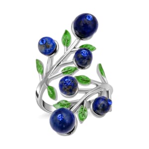 Lapis Lazuli 2.00 ctw and Blue Austrian Crystal Leafy Vine Ring in Silvertone (Size 6-9) 