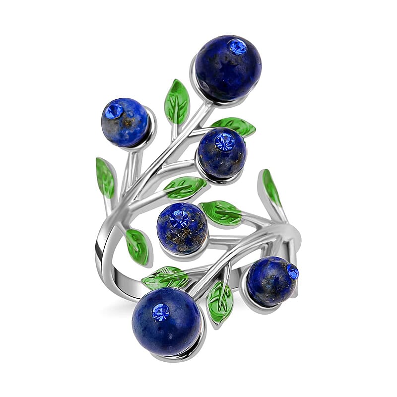 Lapis Lazuli 2.00 ctw and Blue Austrian Crystal Leafy Vine Ring in Silvertone (Size 6-9)