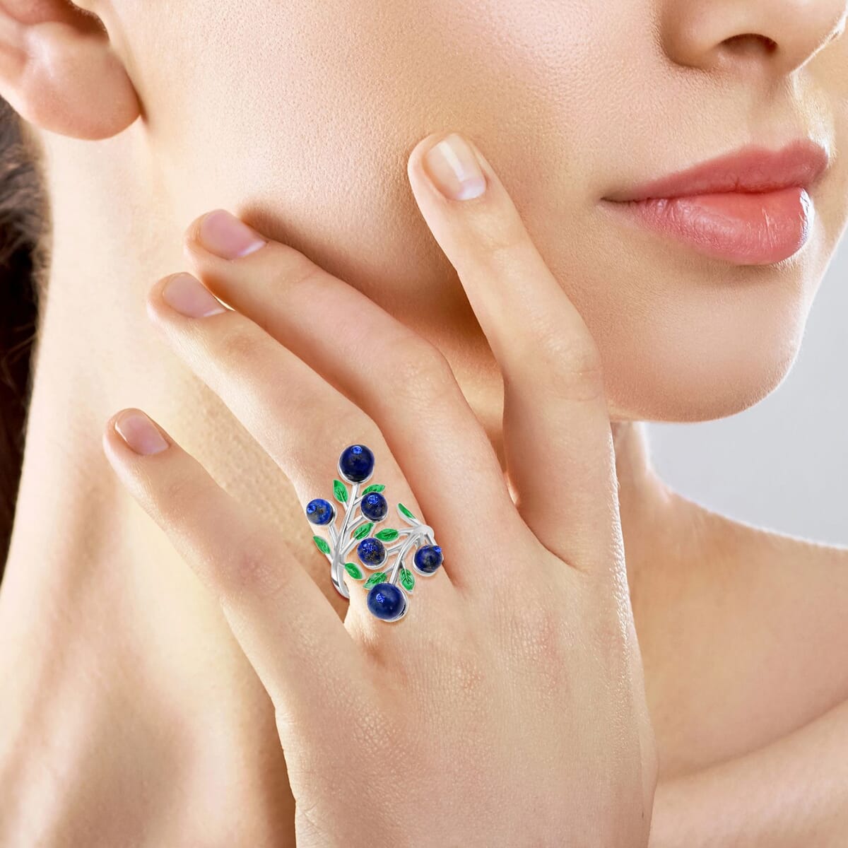 Lapis Lazuli 2.00 ctw and Blue Austrian Crystal Leafy Vine Ring in Silvertone (6-9In) image number 2