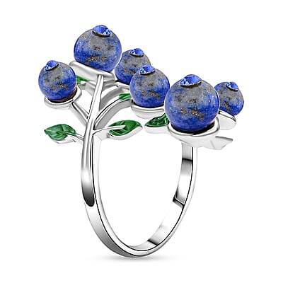 Lapis Lazuli 2.00 ctw and Blue Austrian Crystal Leafy Vine Ring in Silvertone (Size 6-9)