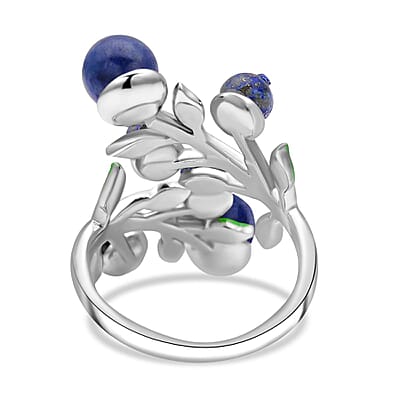 Lapis Lazuli 2.00 ctw and Blue Austrian Crystal Leafy Vine Ring in Silvertone (Size 6-9)
