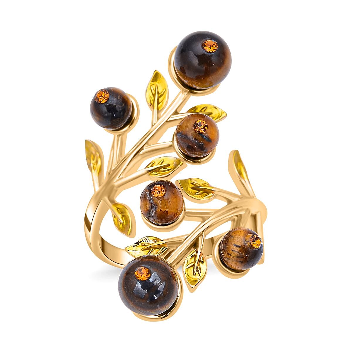 Yellow Tigers Eye 2.00 ctw and Champagne Austrian Crystal Leafy Vine Ring in Goldtone (Size 6-9)  image number 0