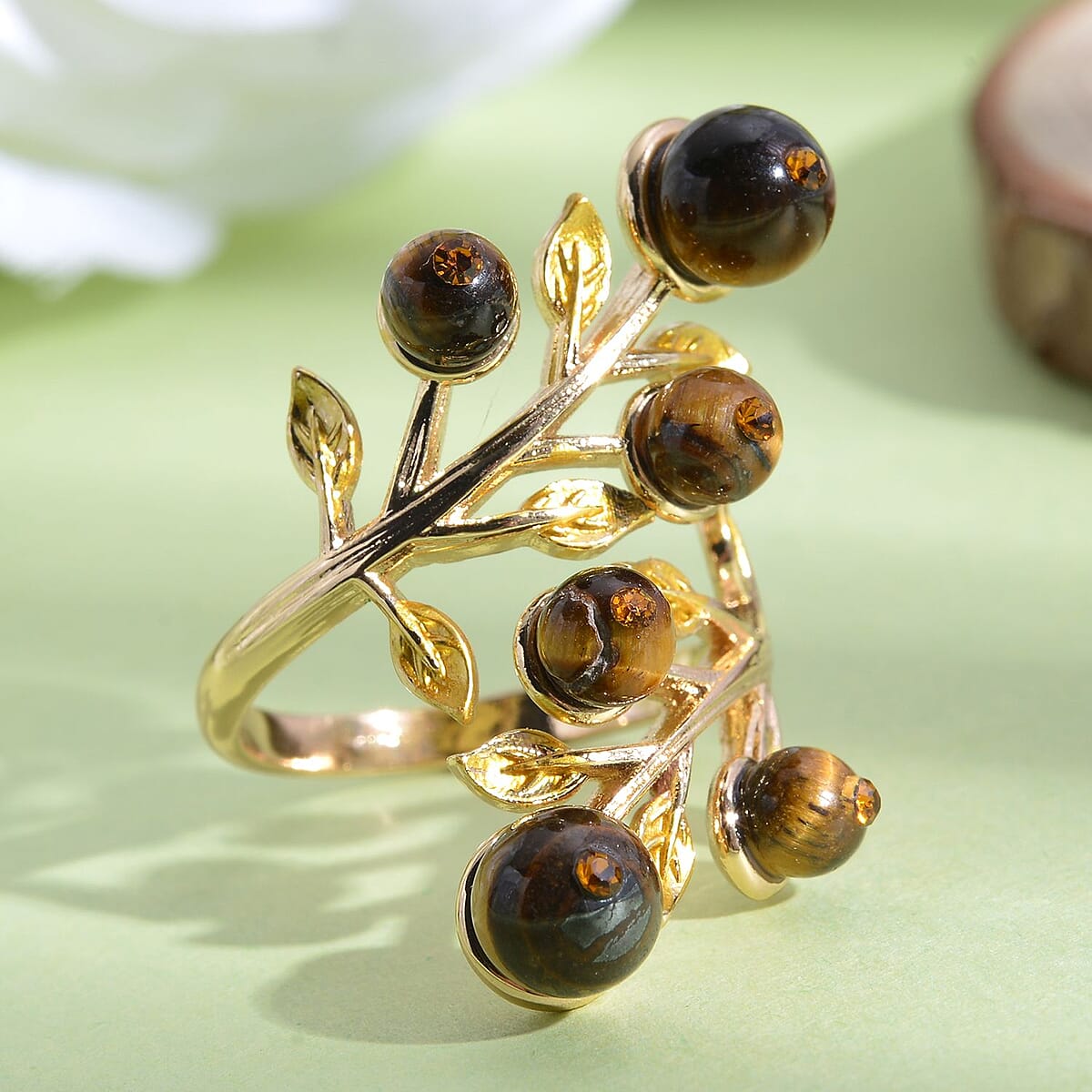 Yellow Tigers Eye 2.00 ctw and Champagne Austrian Crystal Leafy Vine Ring in Goldtone (Size 6-9)  image number 1
