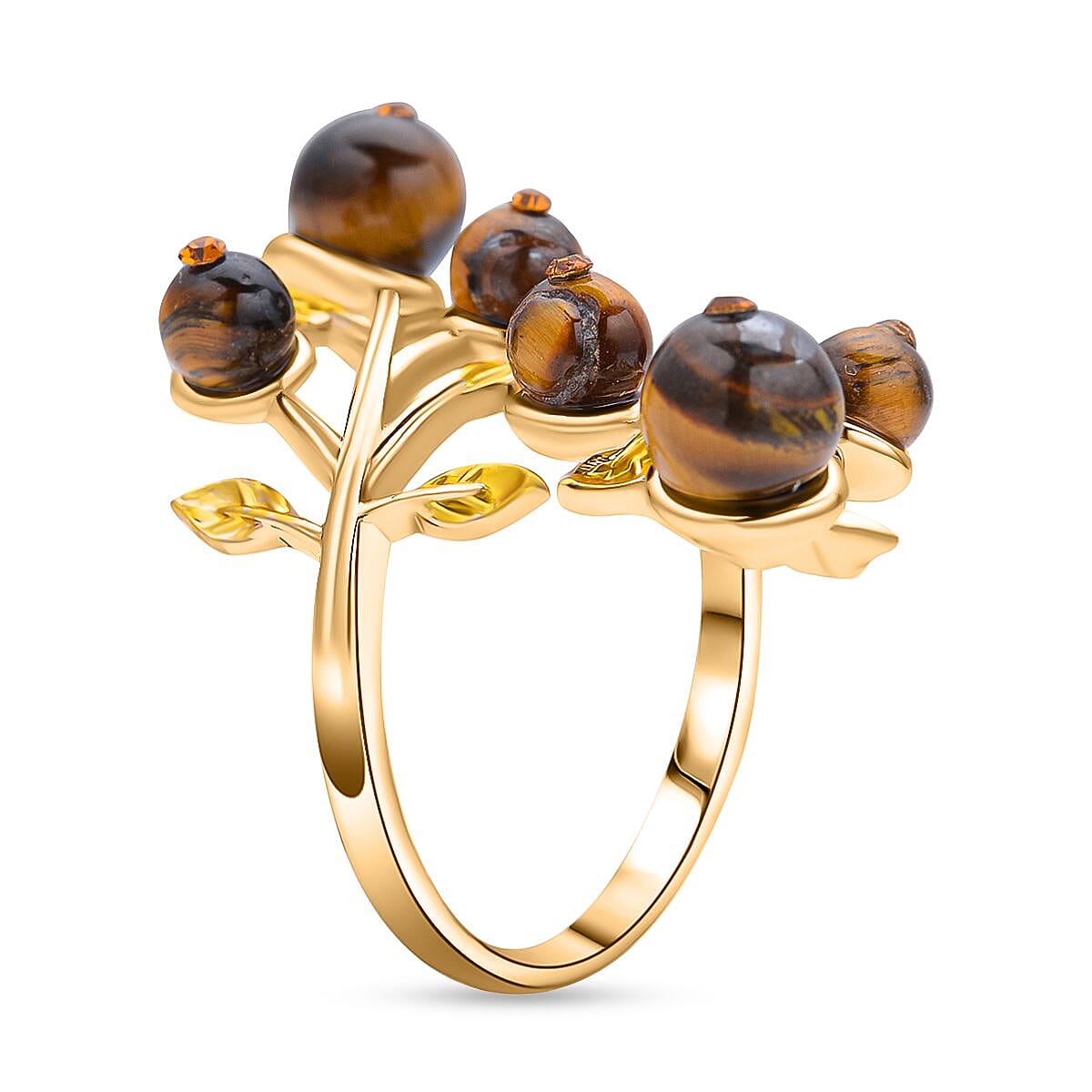Yellow Tigers Eye 2.00 ctw and Champagne Austrian Crystal Leafy Vine Ring in Goldtone (Size 6-9)  image number 3
