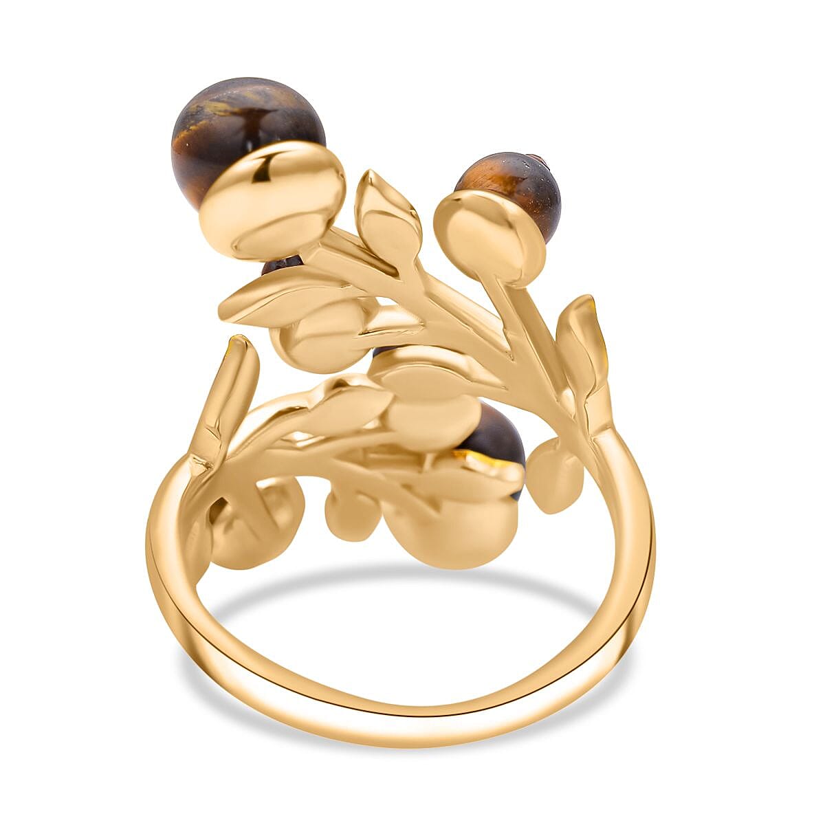 Yellow Tigers Eye 2.00 ctw and Champagne Austrian Crystal Leafy Vine Ring in Goldtone (Size 6-9)  image number 4