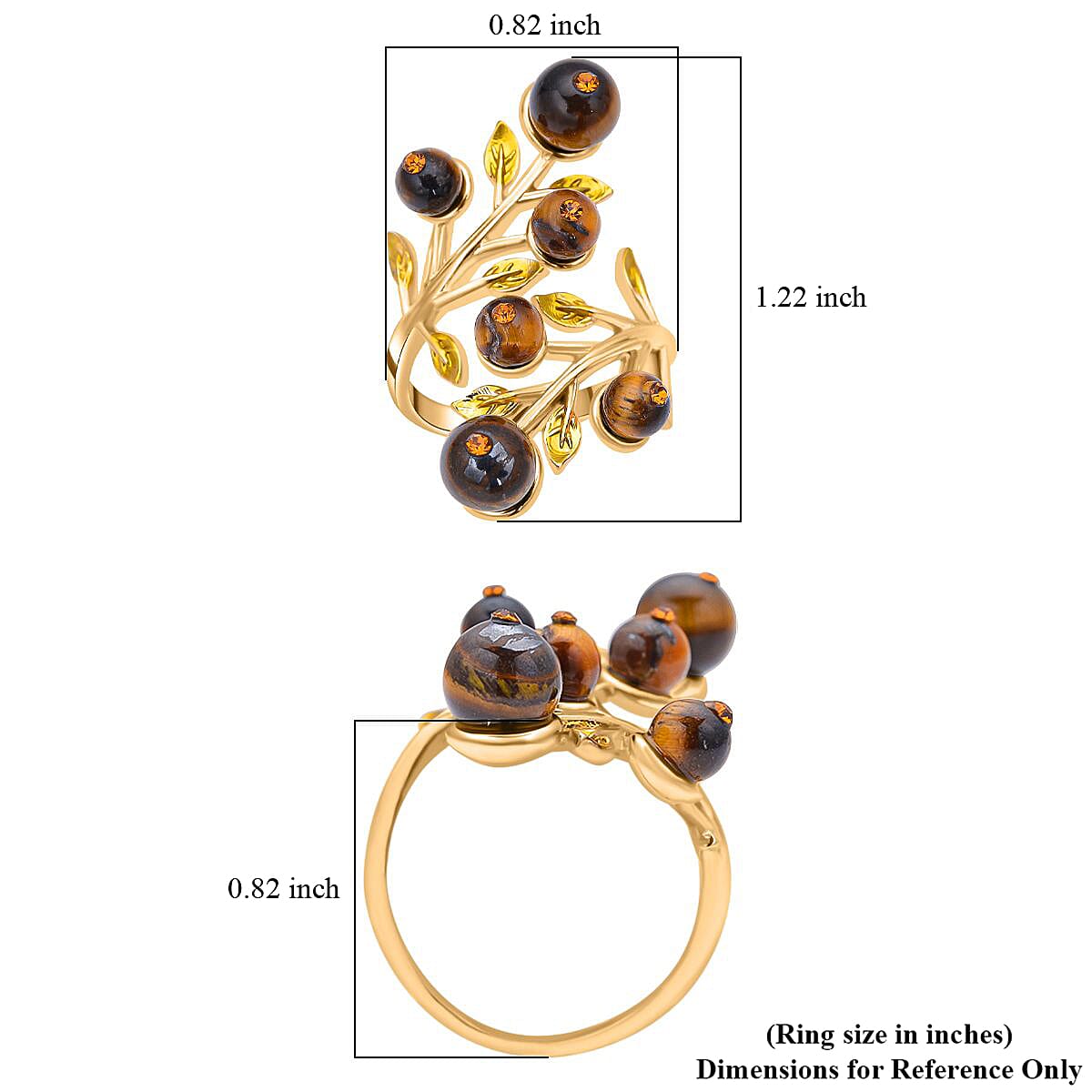 Yellow Tigers Eye 2.00 ctw and Champagne Austrian Crystal Leafy Vine Ring in Goldtone (Size 6-9)  image number 5