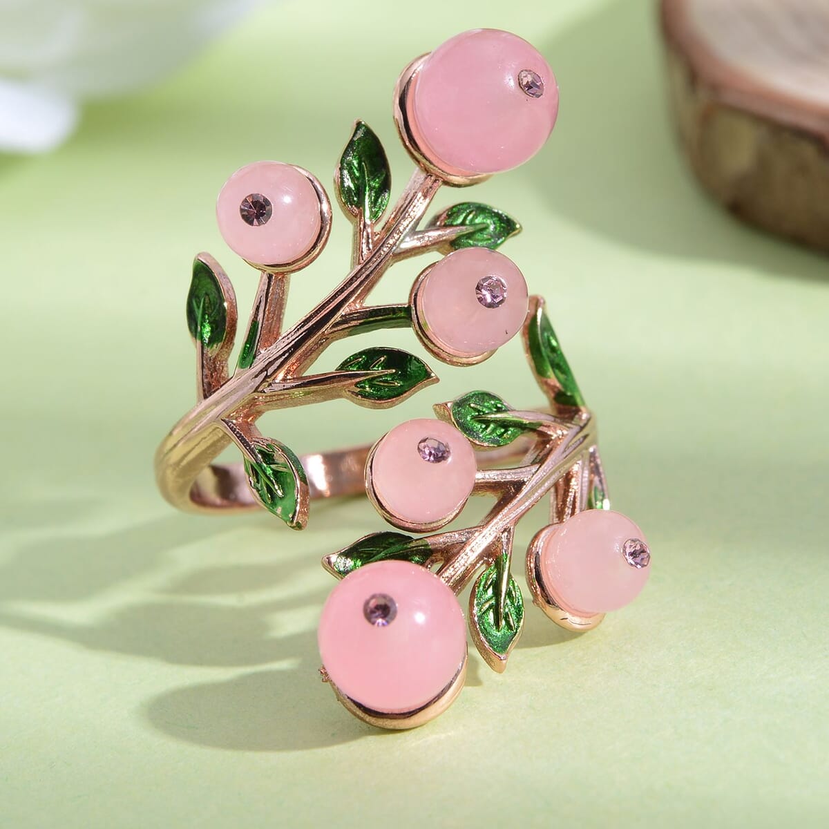 Galilea Rose Quartz 2.00 ctw and Pink Austrian Crystal Leafy Vine Ring in Rosetone (Size 6-9)  image number 1