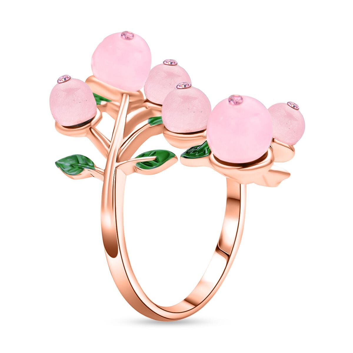 Galilea Rose Quartz 2.00 ctw and Pink Austrian Crystal Leafy Vine Ring in Rosetone (Size 6-9)  image number 3