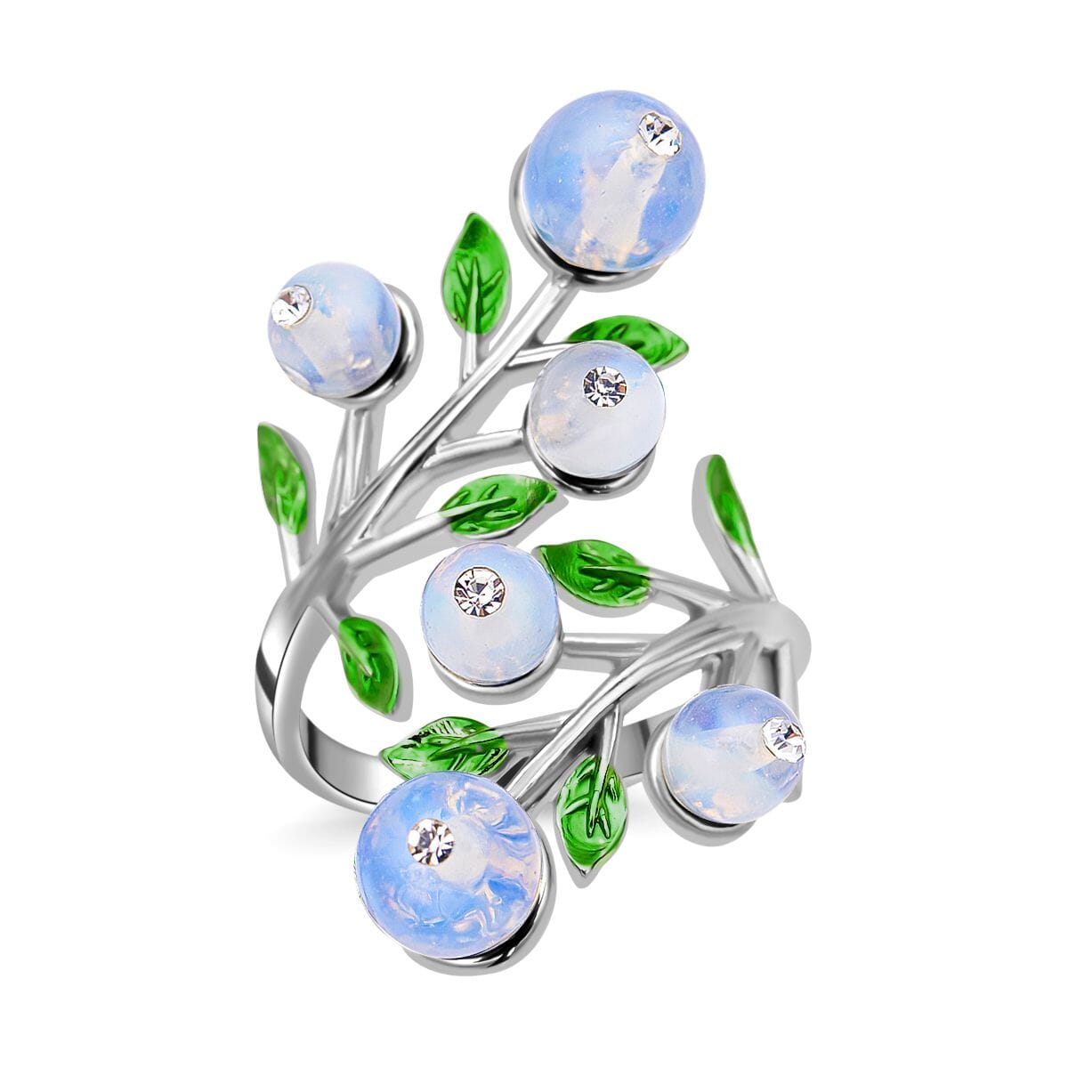 Opalite 2.00 ctw and White Austrian Crystal Leafy Vine Ring in Silvertone (Size 6-9)  image number 0