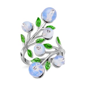 Opalite 2.00 ctw and White Austrian Crystal Leafy Vine Ring in Silvertone (Size 6-9) 