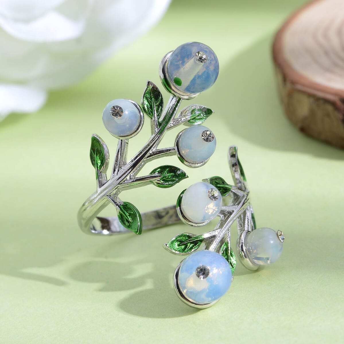 Opalite 2.00 ctw and White Austrian Crystal Leafy Vine Ring in Silvertone (Size 6-9)  image number 1