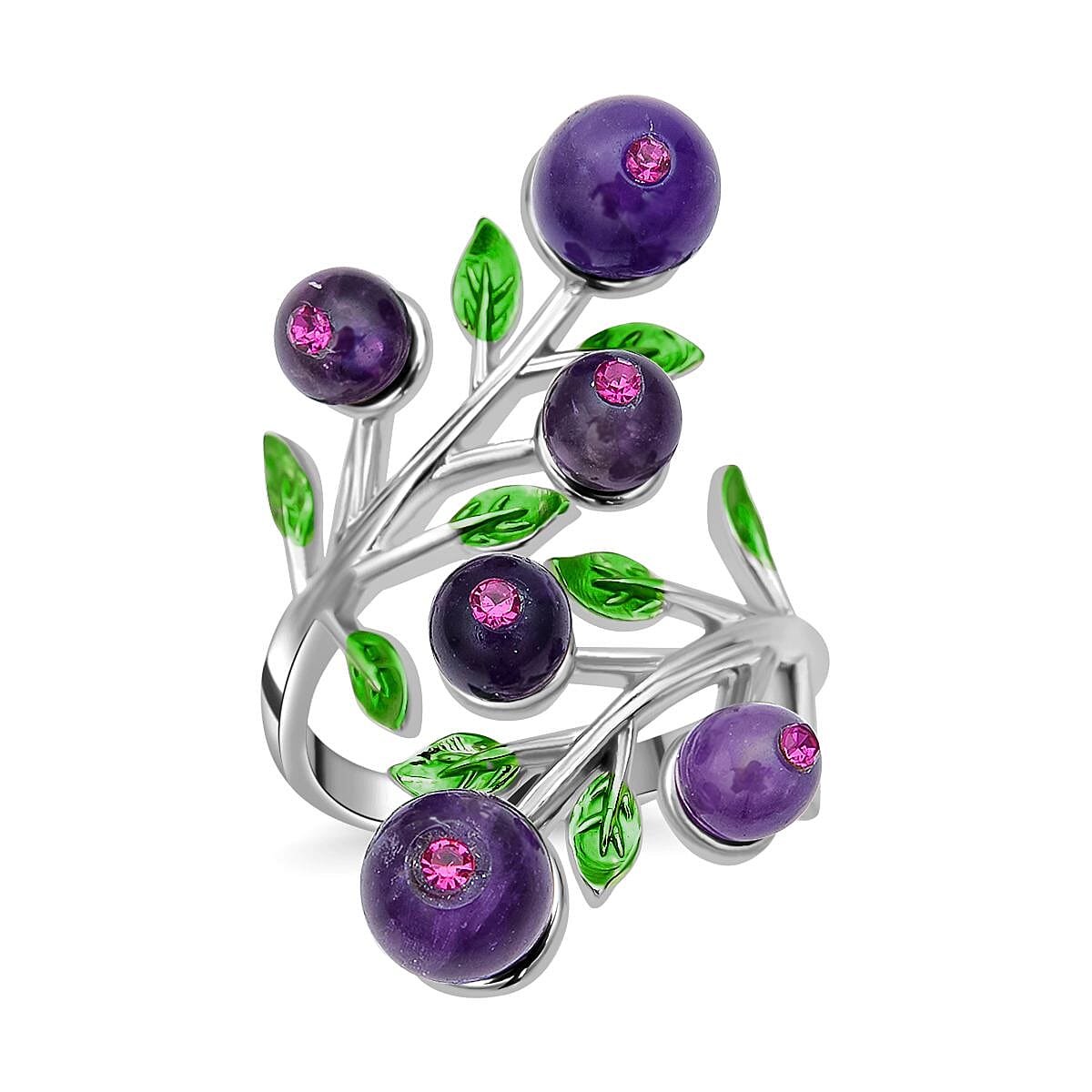 African Amethyst 2.00 ctw and Purple Austrian Crystal Leafy Vine Ring in Silvertone (Size 6-9)  image number 0